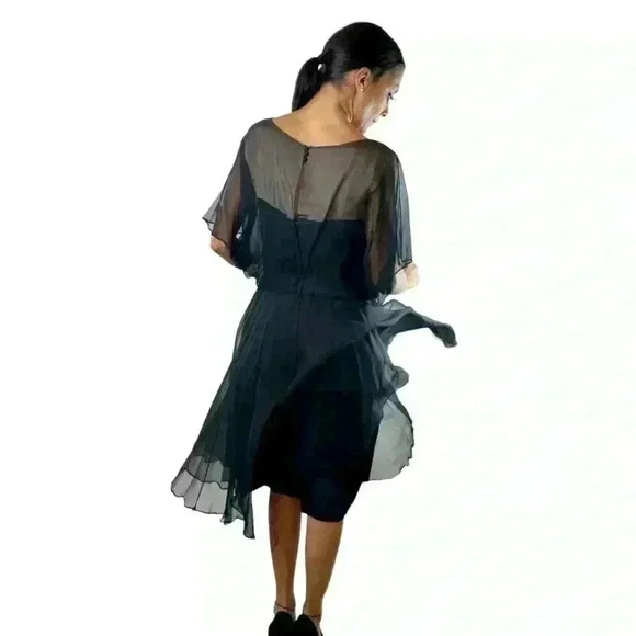 Georgia Bullock Vintage 1960’s Sheer Silk Overlay Black Midi Dress Sz Small. - Picture 3 of 13